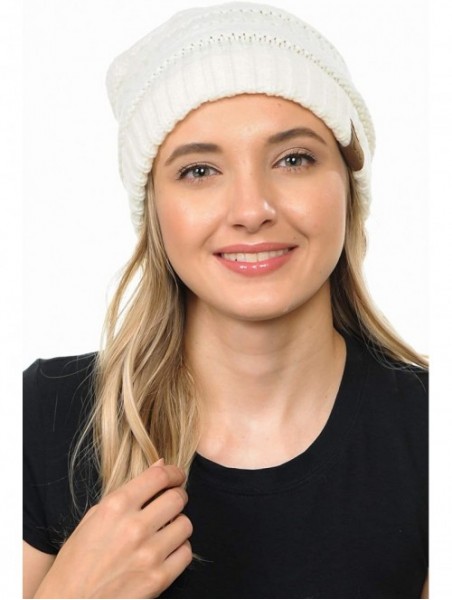 Skullies & Beanies BYSUMMER Soft Stretch Cable Knit Faux Fur Pom Pom Beanie Hat (Ivory) - CX12MXF8J0S $18.19