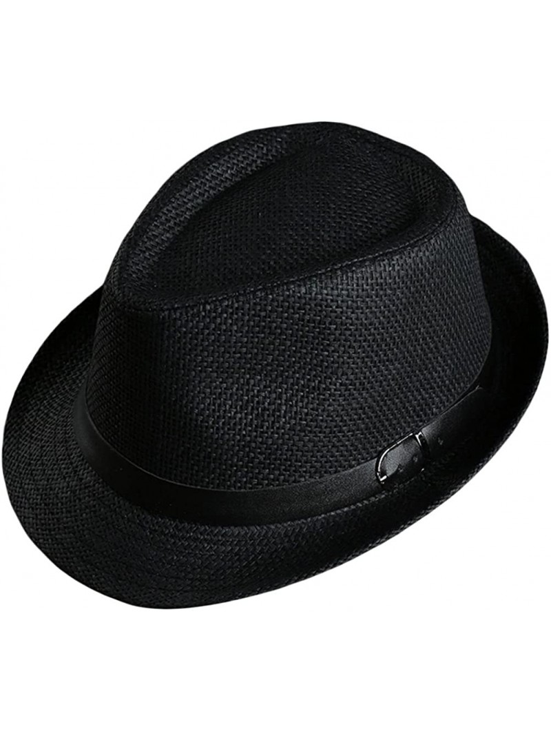 Fedoras Men Women Straw Trilby Hat Fedora Short Upturn Brim FFH391BE1 - Ffh392 Black (Belt Decoration) - CF187HSISWH $19.93