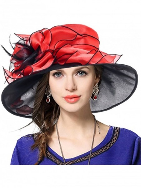 Sun Hats Women Floral Wedding Dress Tea Party Derby Racing Church Hat - Red&black - CT17WZ4U7GZ $26.72