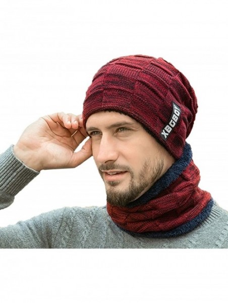 Skullies & Beanies Winter Knit Beanie Hat Scarf Set 2PCS Cap Neck Warmer Cold Weather Gift Set for Men - Wine Red - C018ZUHTZ...