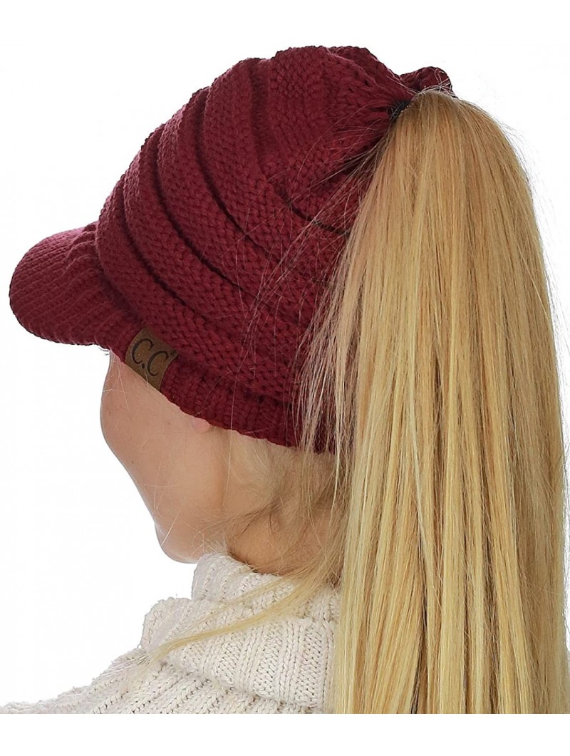 Skullies & Beanies BeanieTail Warm Knit Messy High Bun Ponytail Visor Beanie Cap - Burgundy - CV1880KSW6I $19.35