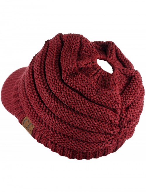 Skullies & Beanies BeanieTail Warm Knit Messy High Bun Ponytail Visor Beanie Cap - Burgundy - CV1880KSW6I $19.35