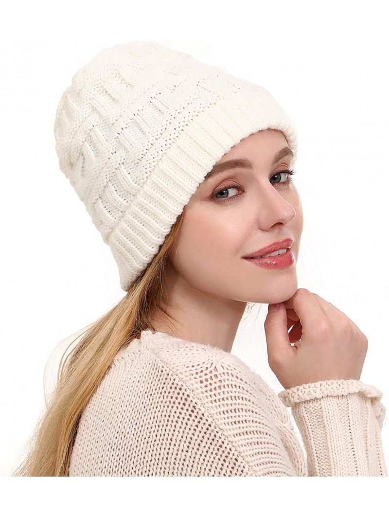 Skullies & Beanies Women's Fleece Lined Beanie Winter caps Warm Cable Knit Beanie Hat Ski Skull Cap Outdoor Hats - Jm-white -...