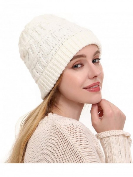 Skullies & Beanies Women's Fleece Lined Beanie Winter caps Warm Cable Knit Beanie Hat Ski Skull Cap Outdoor Hats - Jm-white -...