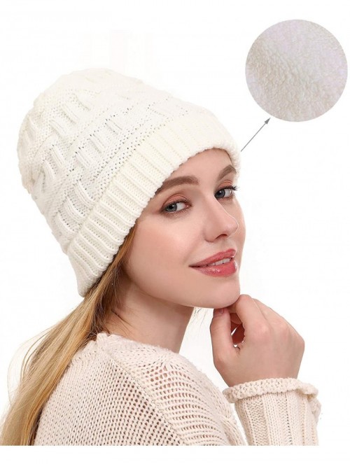 Skullies & Beanies Women's Fleece Lined Beanie Winter caps Warm Cable Knit Beanie Hat Ski Skull Cap Outdoor Hats - Jm-white -...