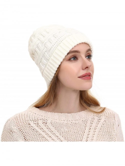 Skullies & Beanies Women's Fleece Lined Beanie Winter caps Warm Cable Knit Beanie Hat Ski Skull Cap Outdoor Hats - Jm-white -...