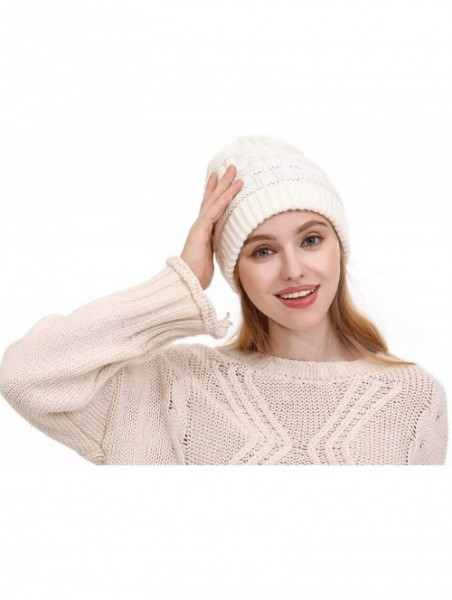 Skullies & Beanies Women's Fleece Lined Beanie Winter caps Warm Cable Knit Beanie Hat Ski Skull Cap Outdoor Hats - Jm-white -...