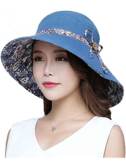 Sun Hats Womens Wide Brim Floppy Sun Hat Reversible Summer Beach Hats with Detachable Bowknot - Blue - 1 - CP188L0N03G $14.62