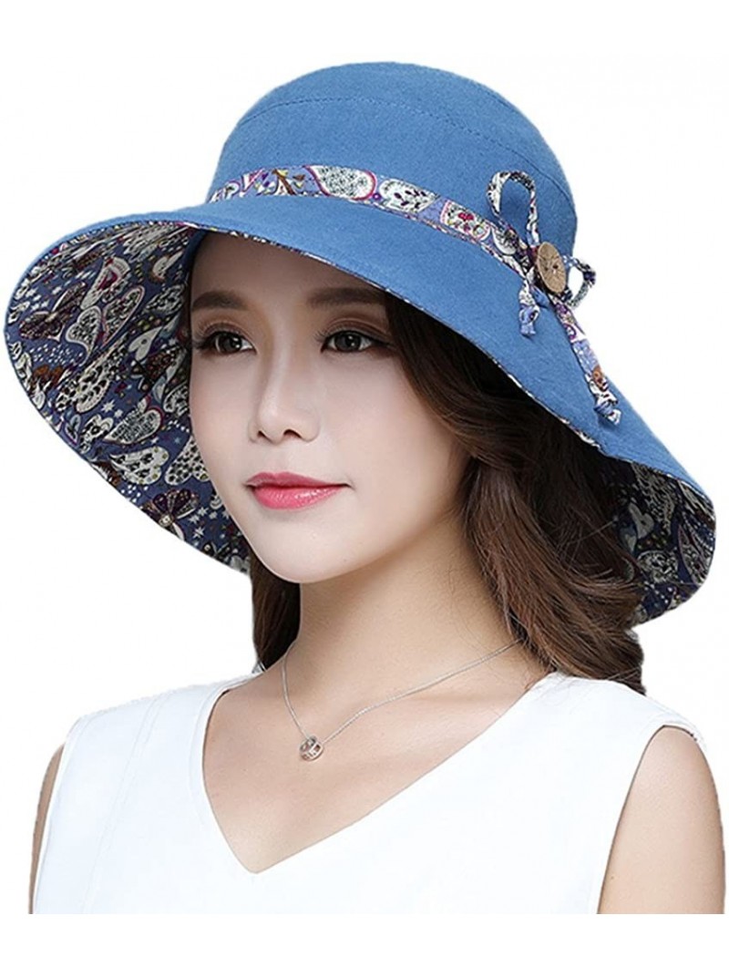 Sun Hats Womens Wide Brim Floppy Sun Hat Reversible Summer Beach Hats with Detachable Bowknot - Blue - 1 - CP188L0N03G $14.62