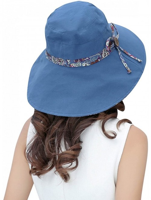 Sun Hats Womens Wide Brim Floppy Sun Hat Reversible Summer Beach Hats with Detachable Bowknot - Blue - 1 - CP188L0N03G $14.62