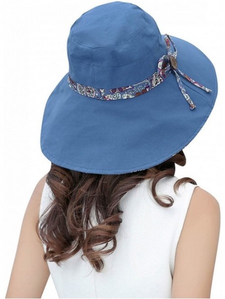 Sun Hats Womens Wide Brim Floppy Sun Hat Reversible Summer Beach Hats with Detachable Bowknot - Blue - 1 - CP188L0N03G $14.62