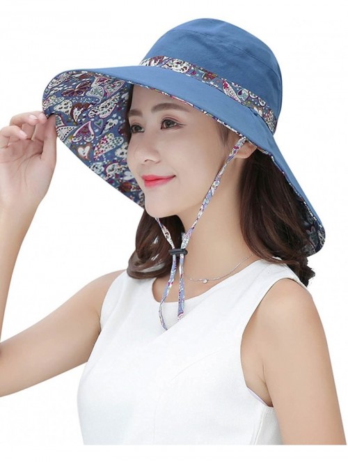 Sun Hats Womens Wide Brim Floppy Sun Hat Reversible Summer Beach Hats with Detachable Bowknot - Blue - 1 - CP188L0N03G $14.62