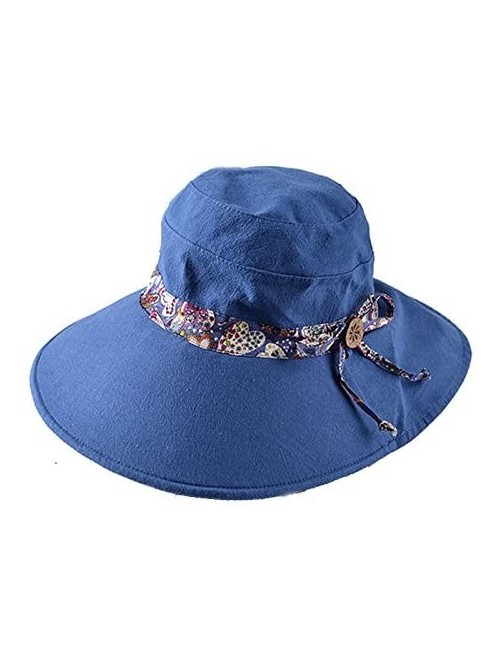 Sun Hats Womens Wide Brim Floppy Sun Hat Reversible Summer Beach Hats with Detachable Bowknot - Blue - 1 - CP188L0N03G $14.62