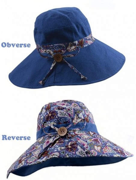 Sun Hats Womens Wide Brim Floppy Sun Hat Reversible Summer Beach Hats with Detachable Bowknot - Blue - 1 - CP188L0N03G $14.62