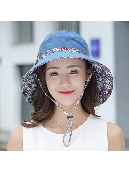 Sun Hats Womens Wide Brim Floppy Sun Hat Reversible Summer Beach Hats with Detachable Bowknot - Blue - 1 - CP188L0N03G $14.62