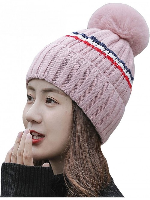 Skullies & Beanies Winter Beanie Hat Warm Knitted Hat for Women with Cute Pompom - Pink - CS1924TK5D0 $9.82