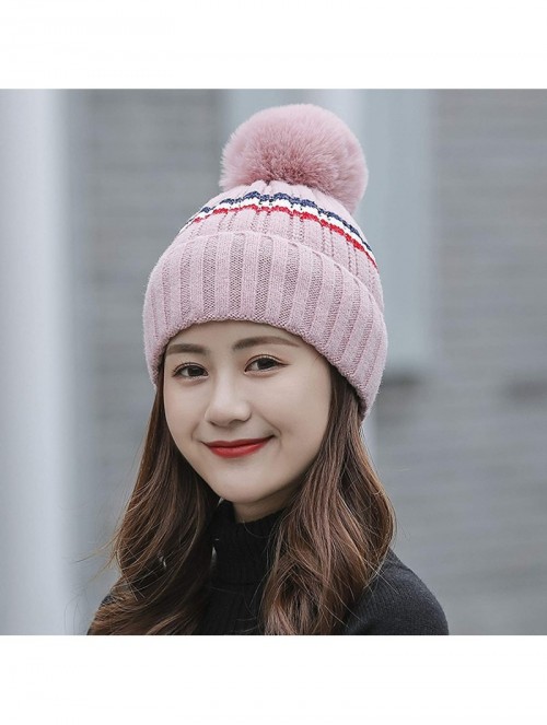 Skullies & Beanies Winter Beanie Hat Warm Knitted Hat for Women with Cute Pompom - Pink - CS1924TK5D0 $9.82