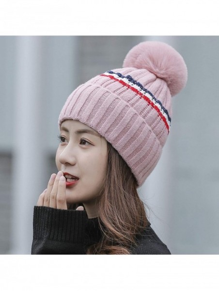 Skullies & Beanies Winter Beanie Hat Warm Knitted Hat for Women with Cute Pompom - Pink - CS1924TK5D0 $9.82