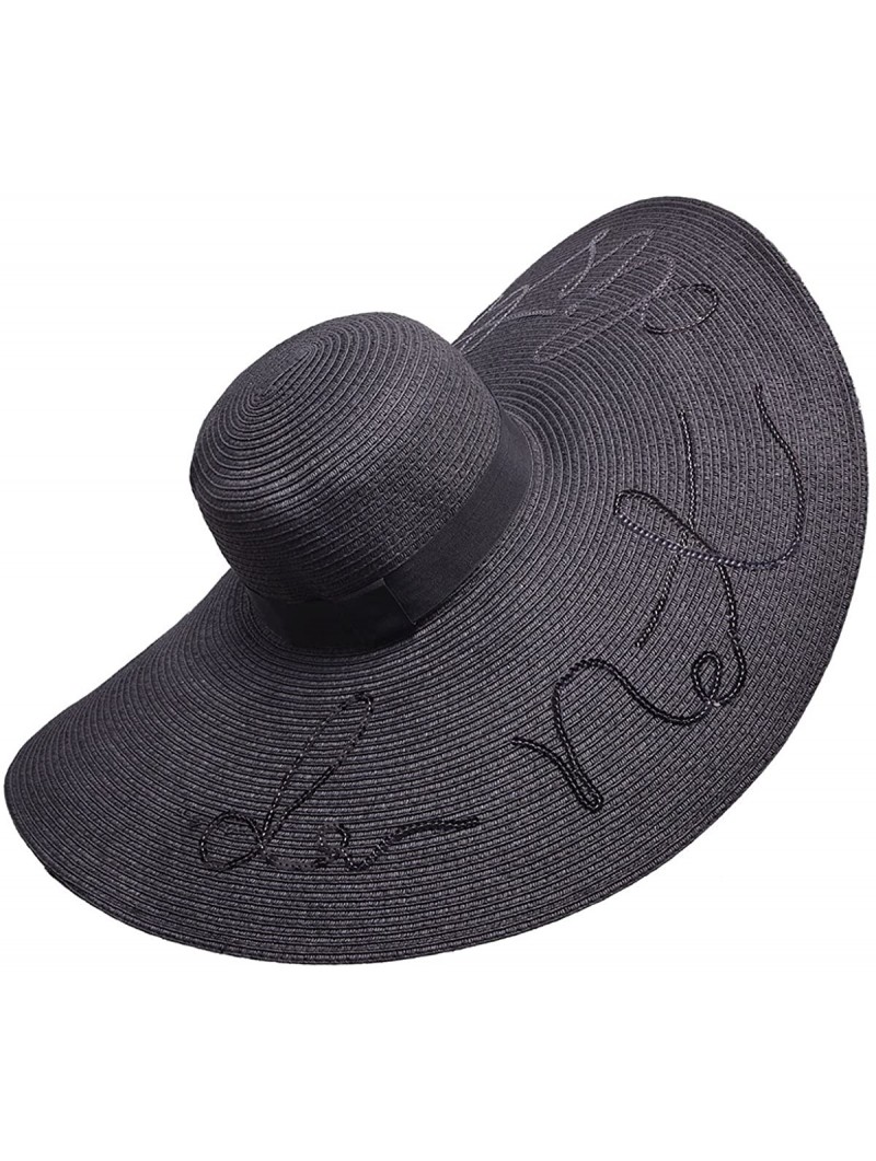 Sun Hats Womens Wide Brim Straw Embroidery Sun Hat Do Not Disturb Beach A429 - Black - CJ17YUR0Z4U $43.64