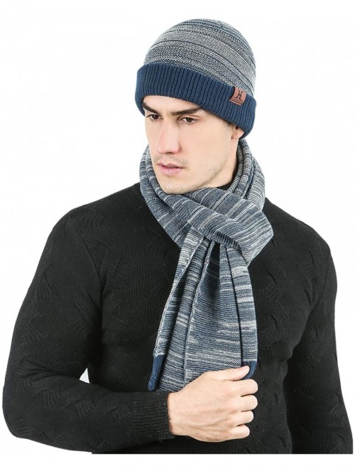 Skullies & Beanies Men's Winter Warm Knit Beanie Hat Scarf Set Skull Cap with Long Scarf for Men - Navyblue - C218XT87D56 $17.82