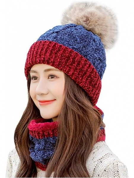 Skullies & Beanies Womens Winter Beanie Hat Scarf Set Warm Fuzzy Knit Hat Neck Scarves - A-blue - CN18ZDQ26EI $22.78