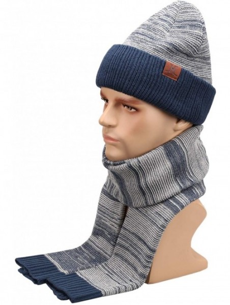 Skullies & Beanies Men's Winter Warm Knit Beanie Hat Scarf Set Skull Cap with Long Scarf for Men - Navyblue - C218XT87D56 $17.82