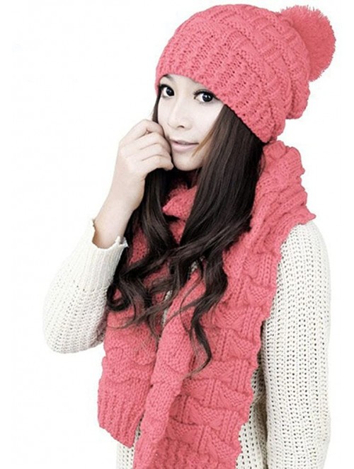 Skullies & Beanies Lady Women's Lady Girl Scarf and Hat 2pcs Set Knitted Winter Warm Skull caps Thicken Beanie Cap - Pink - C...
