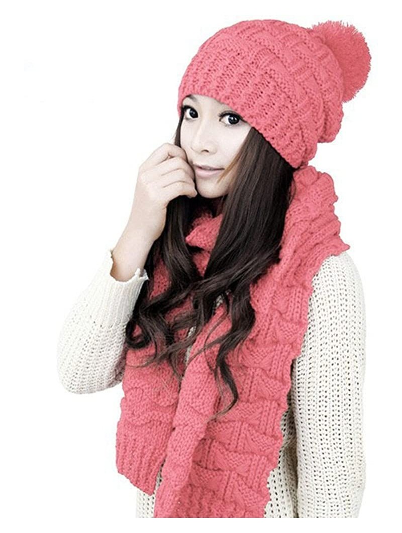 Skullies & Beanies Lady Women's Lady Girl Scarf and Hat 2pcs Set Knitted Winter Warm Skull caps Thicken Beanie Cap - Pink - C...