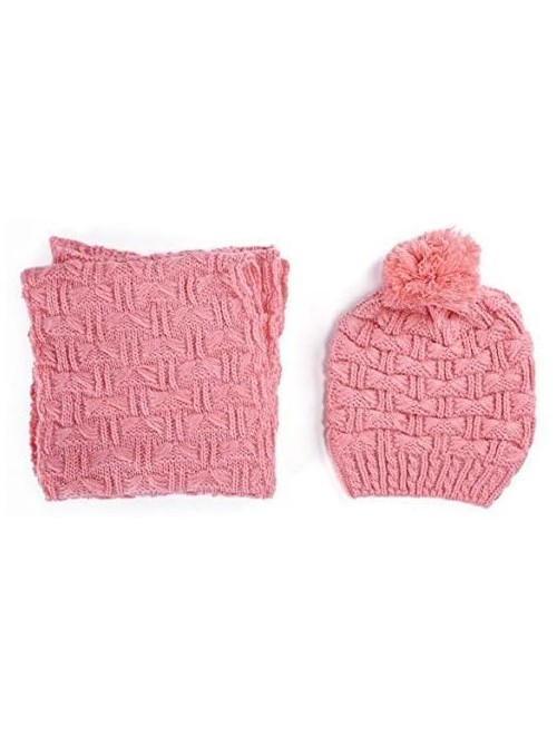 Skullies & Beanies Lady Women's Lady Girl Scarf and Hat 2pcs Set Knitted Winter Warm Skull caps Thicken Beanie Cap - Pink - C...