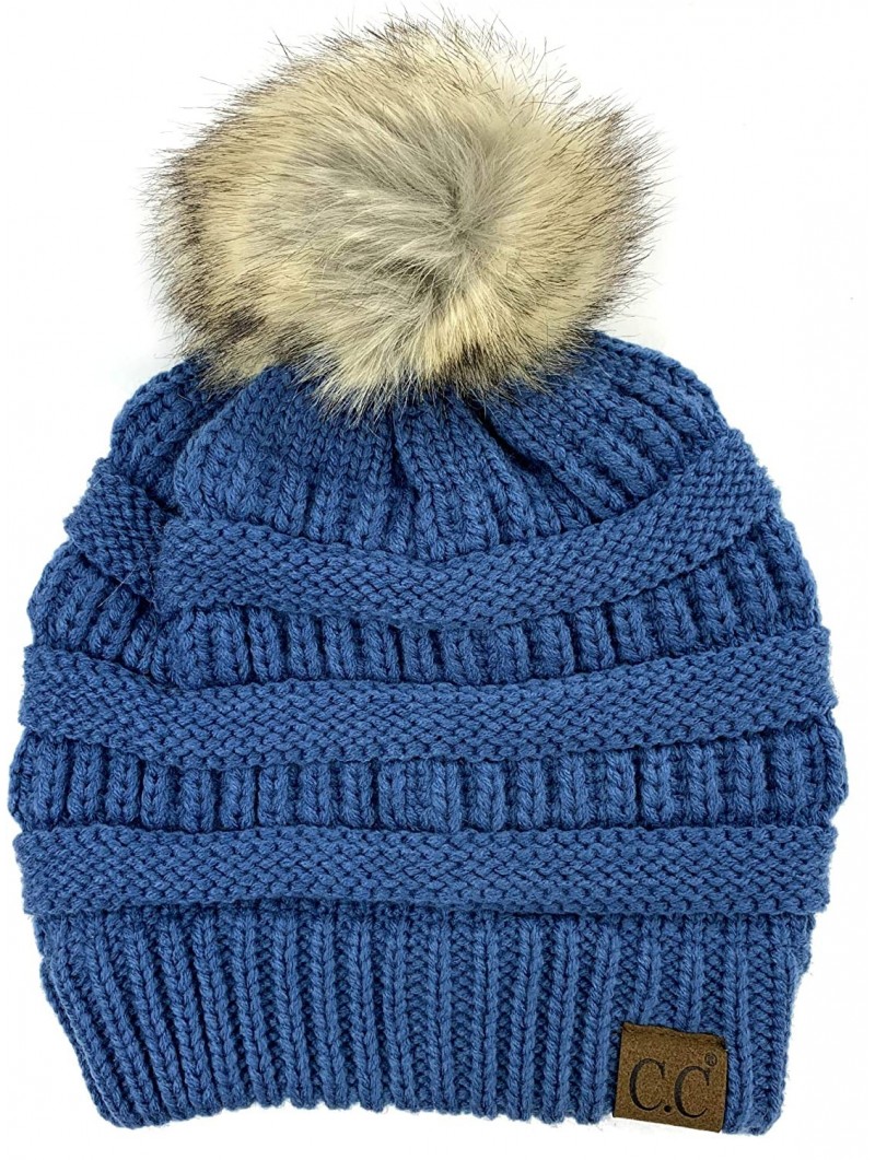 Skullies & Beanies Soft Stretch Cable Knit Ribbed Faux Fur Pom Pom Beanie Hat - Dark Denim - CK12O3MPAPP $15.47