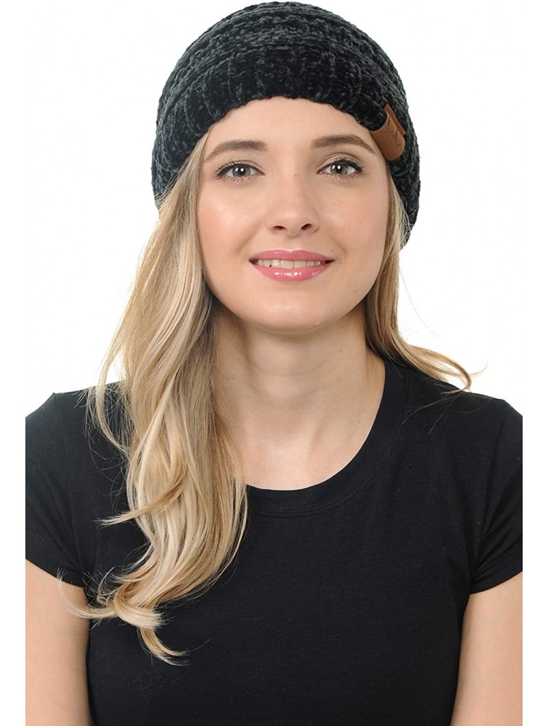 Skullies & Beanies Warm Soft Cable Knit Skull Cap Slouchy Beanie Winter Hat (Chenille Black) - C818HRGALEL $13.33