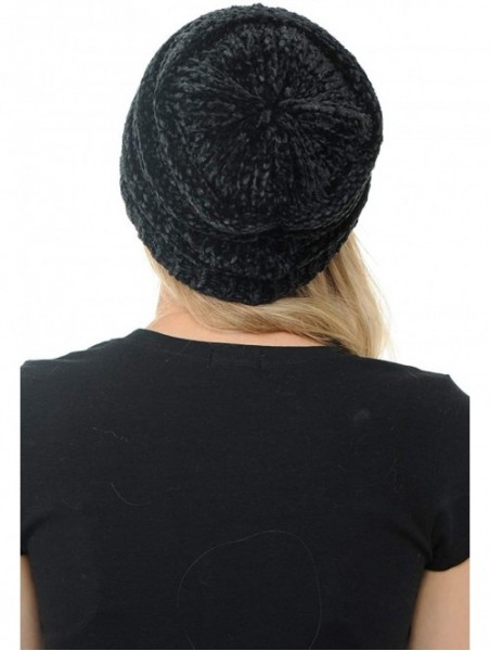 Skullies & Beanies Warm Soft Cable Knit Skull Cap Slouchy Beanie Winter Hat (Chenille Black) - C818HRGALEL $13.33