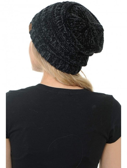 Skullies & Beanies Warm Soft Cable Knit Skull Cap Slouchy Beanie Winter Hat (Chenille Black) - C818HRGALEL $13.33