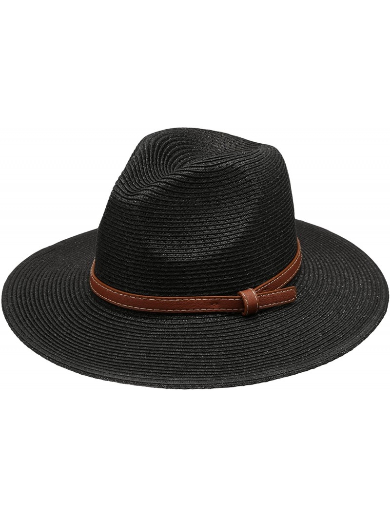 Sun Hats Women's Braid Straw Wide Brim Fedora Hat UPF 50+ w/Adjustable Drawstring - Black - C612E6G0MPN $26.70