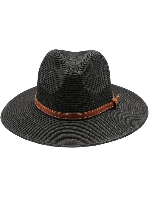 Sun Hats Women's Braid Straw Wide Brim Fedora Hat UPF 50+ w/Adjustable Drawstring - Black - C612E6G0MPN $26.70