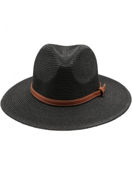 Sun Hats Women's Braid Straw Wide Brim Fedora Hat UPF 50+ w/Adjustable Drawstring - Black - C612E6G0MPN $26.70