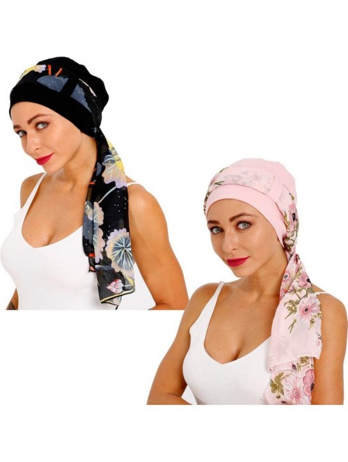 Skullies & Beanies Bamboo Cotton Lined Cancer Headwear for Women Chemo Hat with Scarfs of - Black+pink - CI18WWLDNGX $32.38