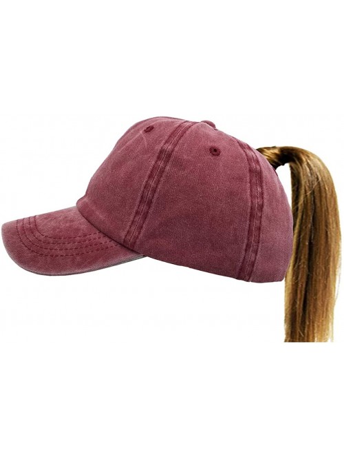 Baseball Caps Women's Ponytail Distressed Baseball Hat Cotton Washed - Red Wine - CA18HYRMUAS $14.54