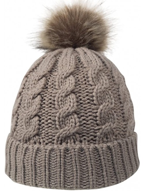 Skullies & Beanies Women's Winter Soft Knitted Beanie Hat with Faux Fur Pom Pom- Khaki - CB18LL5IYT0 $20.08