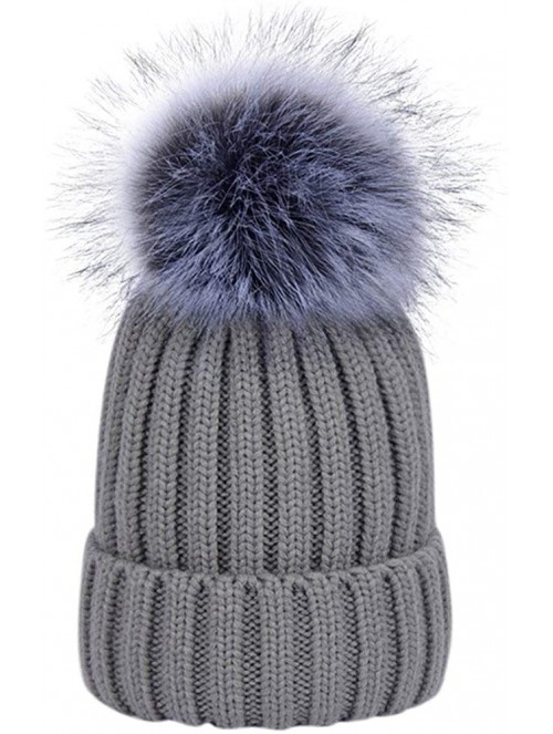 Skullies & Beanies Winter Knit Hat Kids Real Fur Pom Pom Warm Beanie Hat - Grey (Real Silver Fox Fur) - C018Y30ZXZ7 $22.82