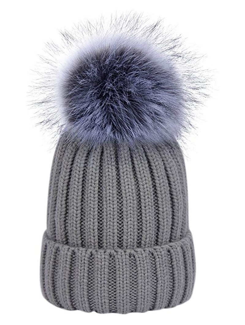 Skullies & Beanies Winter Knit Hat Kids Real Fur Pom Pom Warm Beanie Hat - Grey (Real Silver Fox Fur) - C018Y30ZXZ7 $22.82