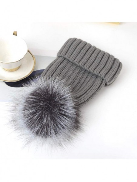 Skullies & Beanies Winter Knit Hat Kids Real Fur Pom Pom Warm Beanie Hat - Grey (Real Silver Fox Fur) - C018Y30ZXZ7 $22.82