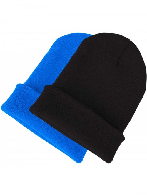 Skullies & Beanies Mens Thick Beanie Hats Solid Color Knit Soft Warm Unisex Beanie Cap - Black+blue - CH18Z2MD404 $10.07