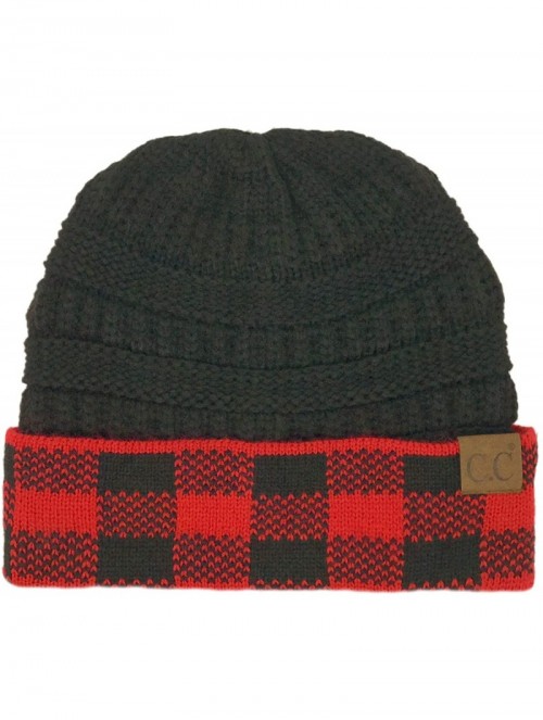 Skullies & Beanies Winter Fall Trendy Chunky Stretchy Cable Knit Beanie Hat (Buffalo Plaid Red/Black) - CV18YTDAKAH $14.06