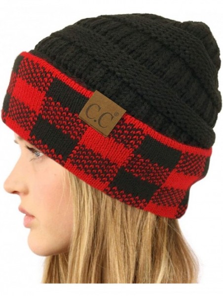 Skullies & Beanies Winter Fall Trendy Chunky Stretchy Cable Knit Beanie Hat (Buffalo Plaid Red/Black) - CV18YTDAKAH $14.06