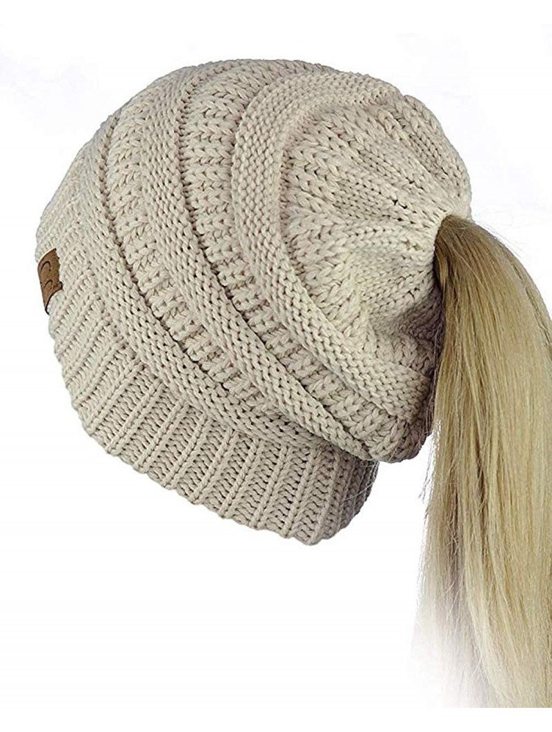 Skullies & Beanies Quality Knit Messy Bun Hat Beanie - Beige - CI1889THKTX $21.18