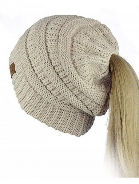 Skullies & Beanies Quality Knit Messy Bun Hat Beanie - Beige - CI1889THKTX $21.18