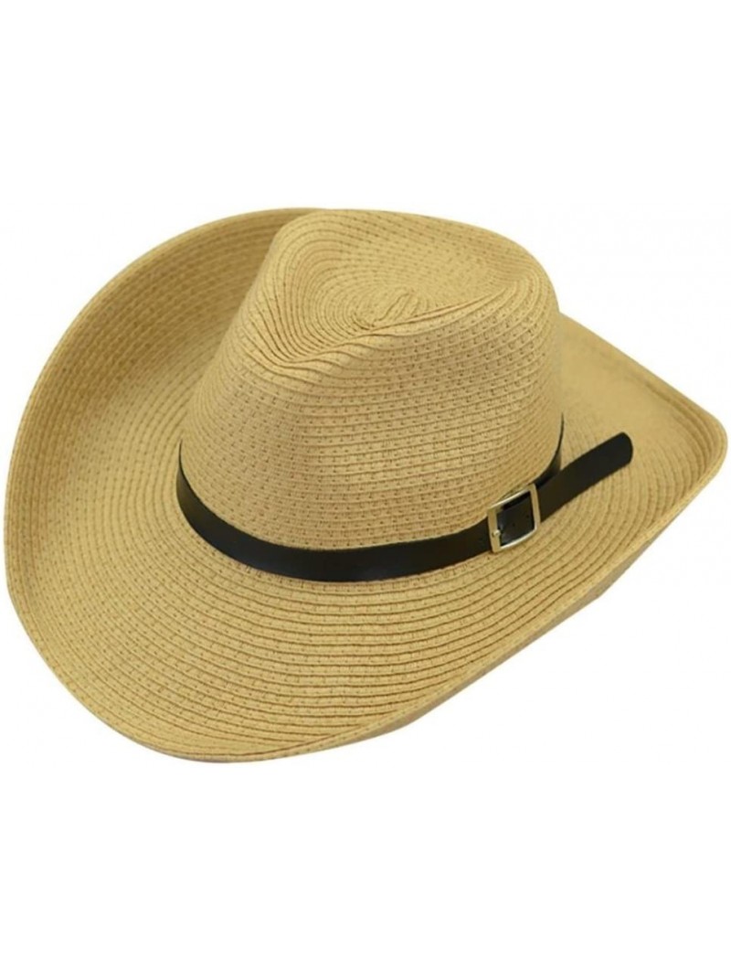 Sun Hats Floppy Foldable Man Unisex Belt Straw Beach Sun Summer Hat Wide Brim (Khaki) - Khaki - CC18GDHE0SN $14.68