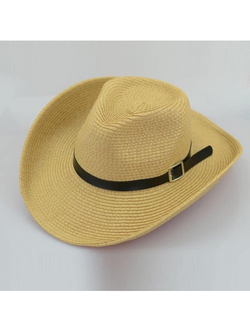 Sun Hats Floppy Foldable Man Unisex Belt Straw Beach Sun Summer Hat Wide Brim (Khaki) - Khaki - CC18GDHE0SN $14.68