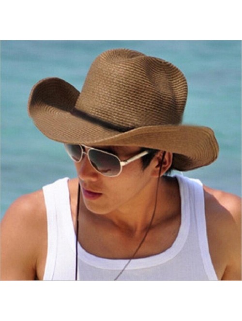 Sun Hats Floppy Foldable Man Unisex Belt Straw Beach Sun Summer Hat Wide Brim (Khaki) - Khaki - CC18GDHE0SN $14.68